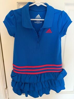 Adidas girls 3T Blue Polo Ruffle Dress with Pink Logo and Stripes